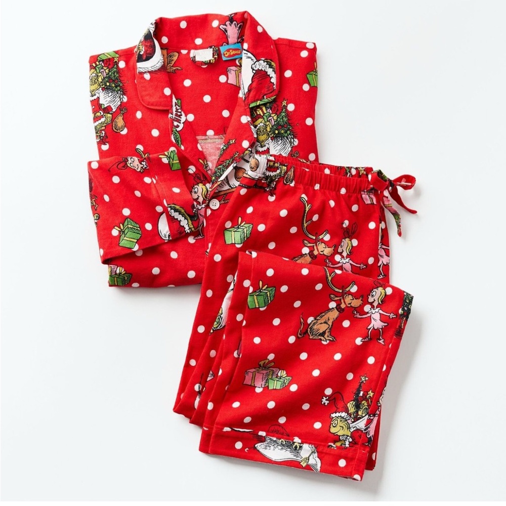 Pottery Bart Teen The Grinch Adult Red Flannel 2 piece Pajama Set Sz S Christmas